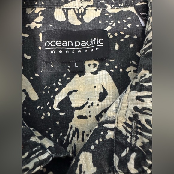 Ocean Pacific Hawaiian Hula Large Shirt Black Button Up Short Sleeves  Pocket - Picture 6 of 7